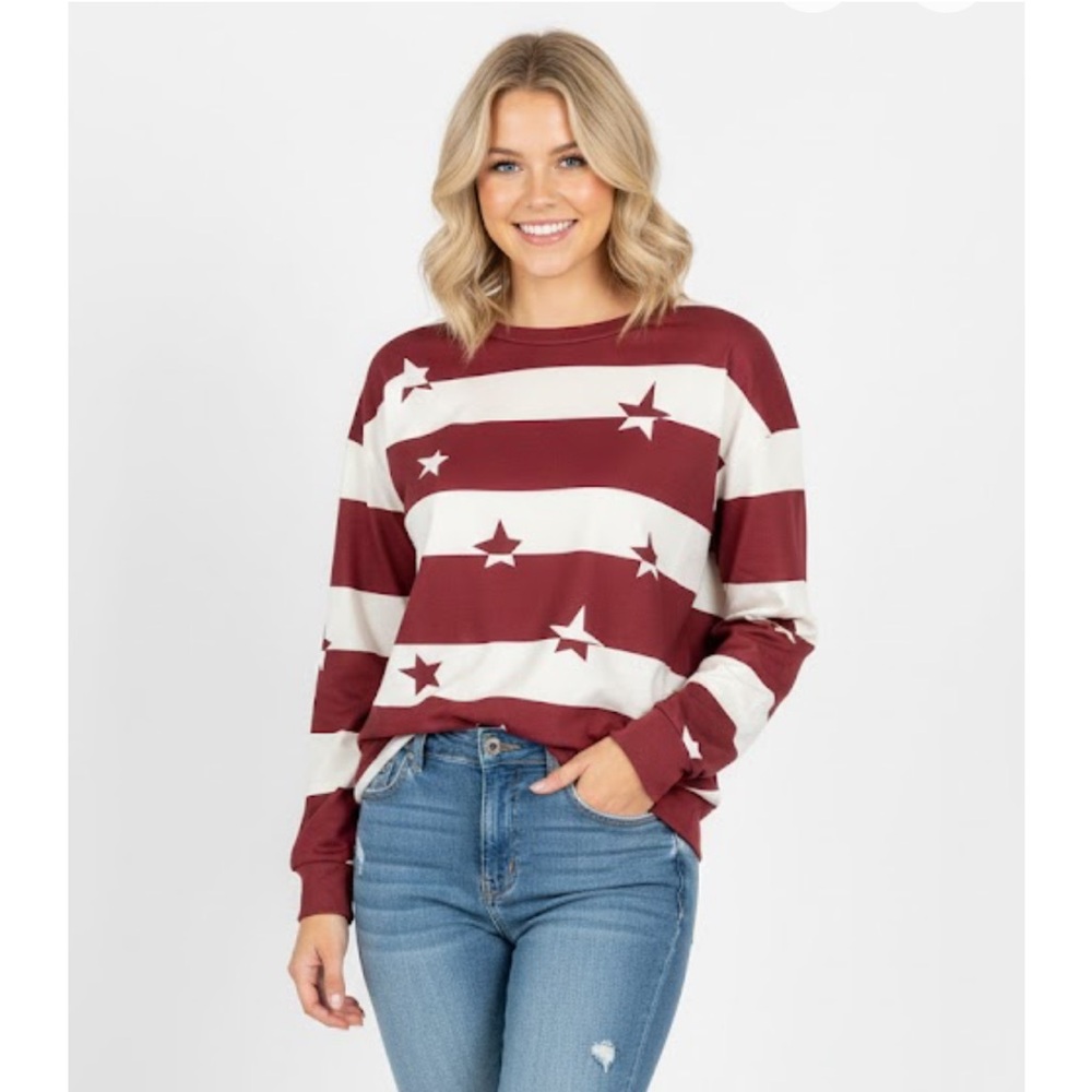 Stars & Stripes Crew Neck Casual Top, Women’s M, Burgundy White